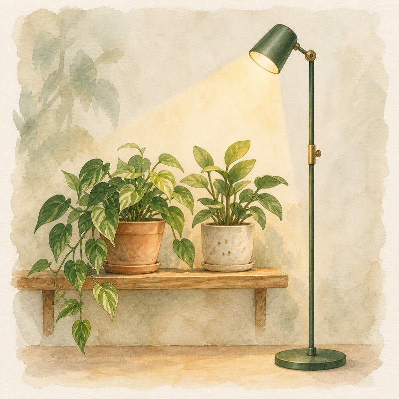 照明と鉢植えのある部屋を描いた水彩イラスト
