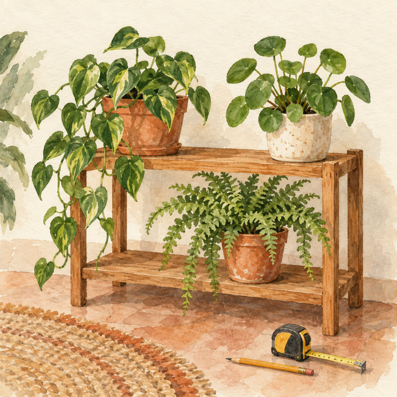 棚に鉢植えを並べた水彩イラスト